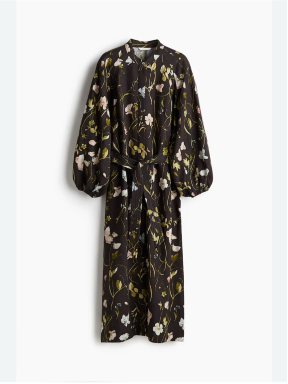 H&M Linen Blend Tie Belt Brown Floral Midi Dress